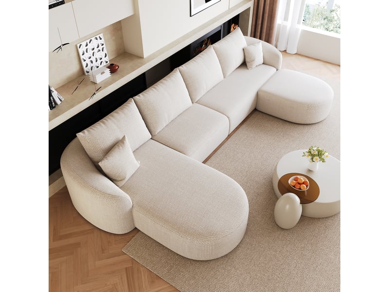 Canapé d’angle fixe 4 places 336x168 cm, canapé avec méridienne gauche et pouf modulable, sans montage, écru - Conforama E