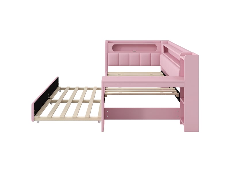 Lit tiroir gigogne 90x200 cm avec bureau, led 7 couleurs, ports usb, tissu lin rose, sans matelas - Conforama E