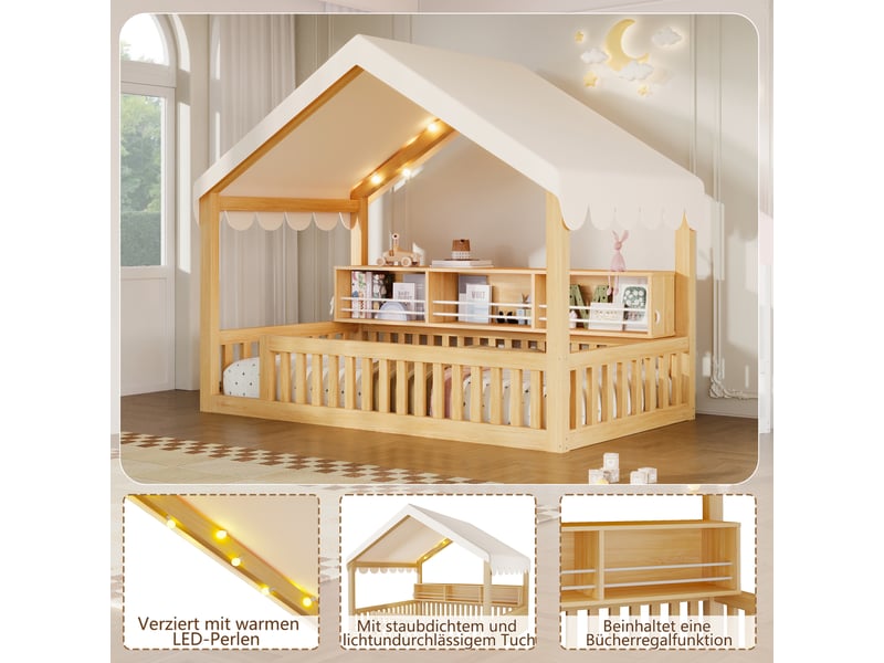  Lit cabane enfant simple 90×200 cm avec led, étagère et barrière - okmyhome- naturel, sans matelas  - Conforama E