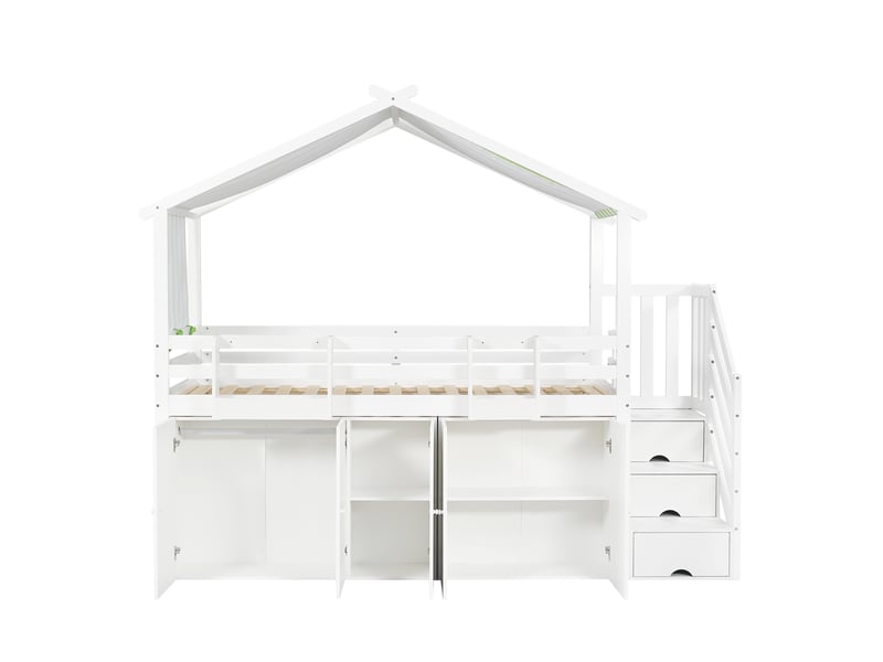  Lit superposé 90x200 cm avec toit, escalier de rangement et rangements intégrés, bois, blanc et vert, sans matelas  - Conforama E