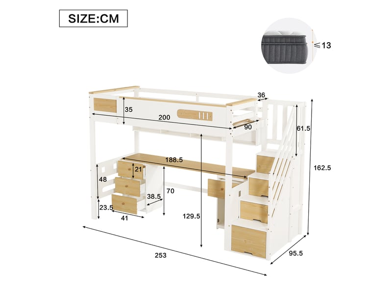  Lit mezzanine modenvie 90 x 200 cm blanc et bois naturel avec bureau, tiroirs, étagère suspendue et escalier de rangement  - Conforama C