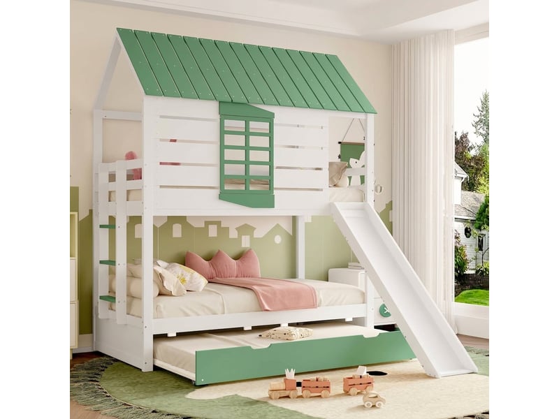 Lit cabane superposé 90x200 avec toboggan et lit gigogne, pin massif et mdf, blanc et vert - Conforama B