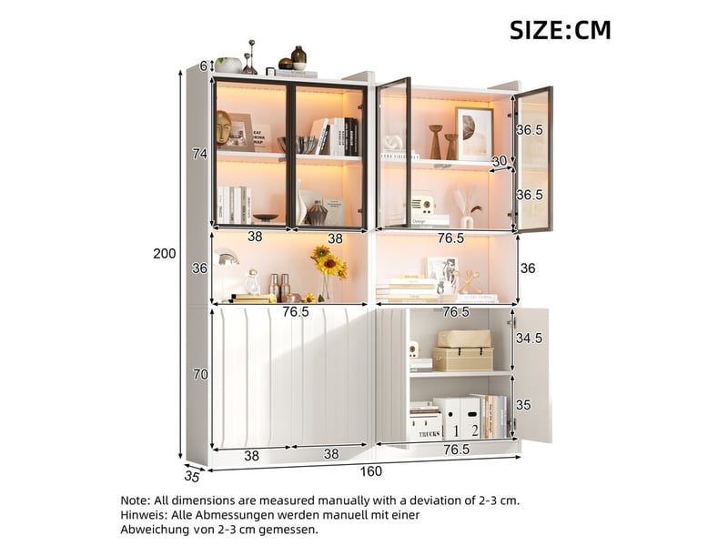  Lot de 2 vitrines avec  portes vitrées, 'un éclairage led et d'étagères ouvertes ,160 x 35 x 200 cm,  blanc  - Conforama C