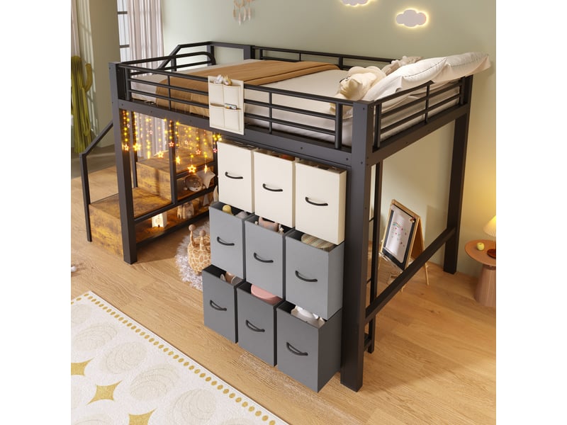  Elvmi lit mezzanine 140x200 cm en métal et mdf avec escalier de rangement, commode à tiroirs, penderie intégrée, garde-corps et poche de rangement, structure surélevée multifonction pour chambre, noir et blanc  - Conforama E