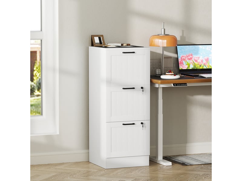  Caisson bureau, meuble rangement bois 3 tiroirs et serrure, barres de suspension réglables, blanc, 40 x 40 x 101 cm  - Conforama D