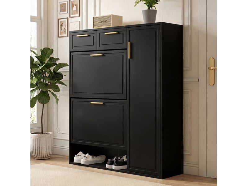  Meuble à chaussures ulevr avec rangement, 2 tiroirs et étagères réglables, 95 x 24 x 107 cm, panneaux de particules mdf, noir  - Conforama B