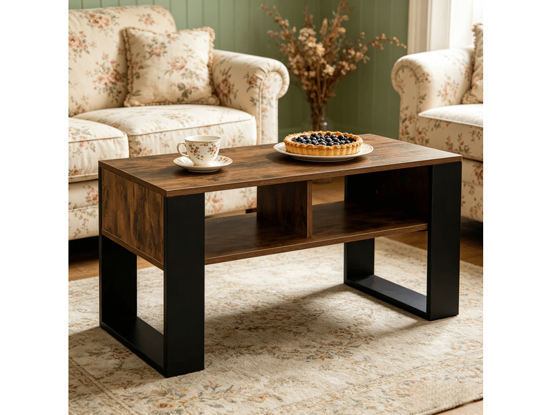  Table basse avec 2 niches de rangement, structure stable, style moderne, pour salon, en bois, noir et marron, 90 × 45 × 45 cm  - Conforama C