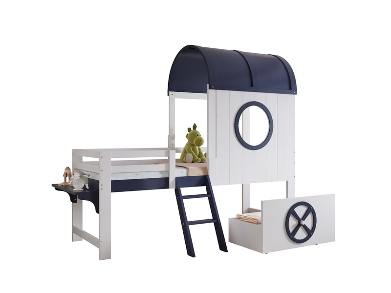  Lit mezzanine enfant 90x200 cm, lit maison avec toit, fenêtre et échelle inclinée, mdf, blanc et bleu, sans matelas  - Conforama A