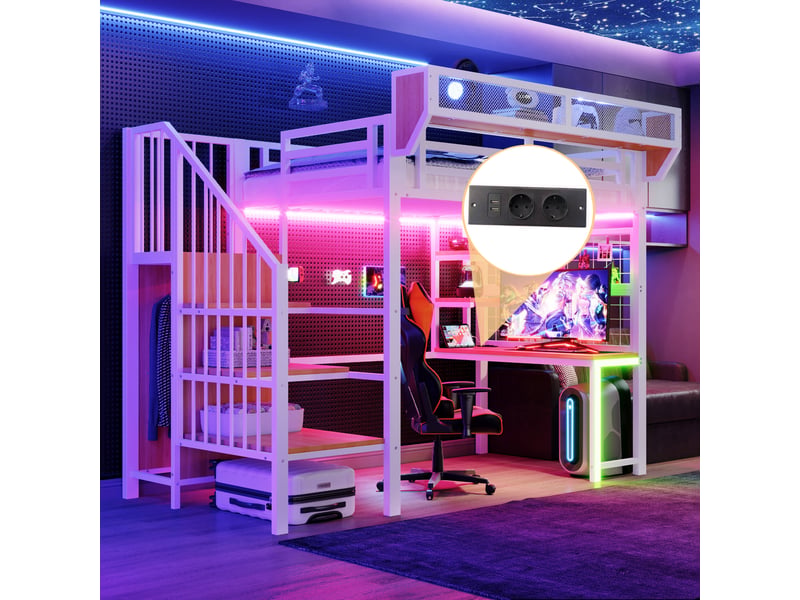  Lit mezzanine métal blanc 90x200 cm, bureau, étagère, filet rangement, échelle, led et prise  - Conforama B