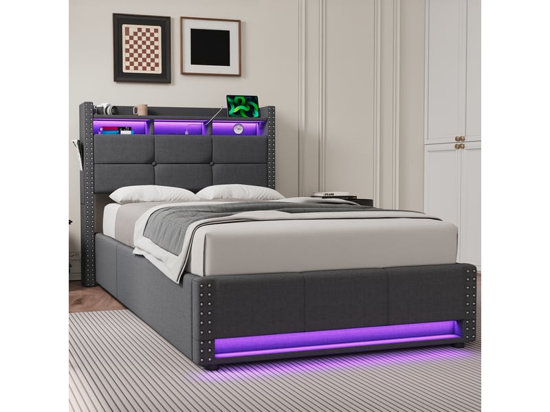  Lit avec rangement simple 90 x 200 cm en tissu de lin, led réglable, usb et prises, sans matelas, gris foncé  - Conforama C