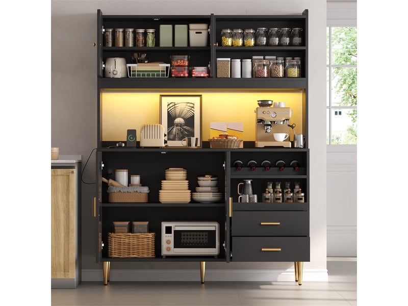  Buffet haut 130 x 40 x 172 cm - armoire de cuisine avec led, prises, casier à vin et tiroirs - noir  - Conforama C