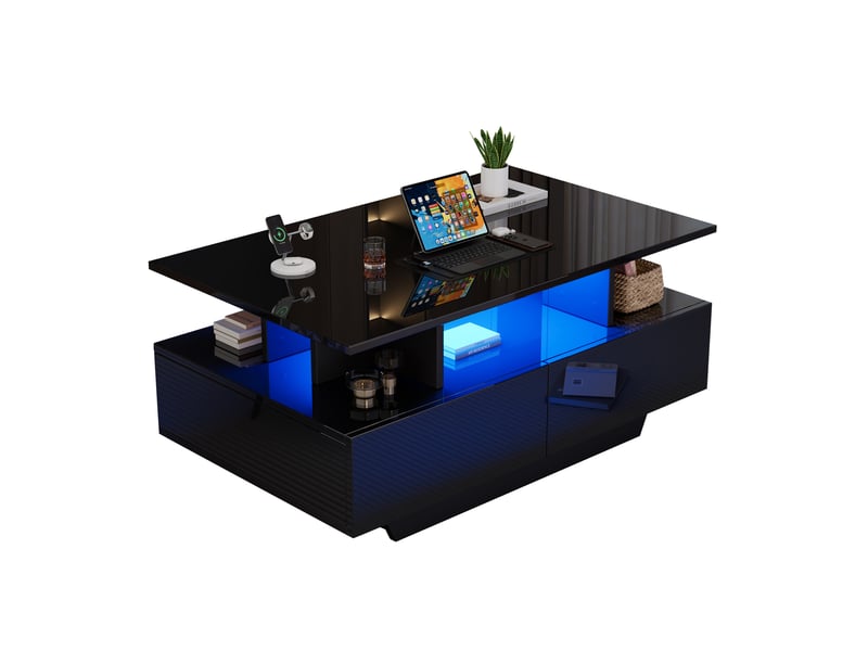  Table basse noire brillante avec led intégrée, 2 tiroirs de rangement, 90x55x41 cm, charge 30 kg  - Conforama A