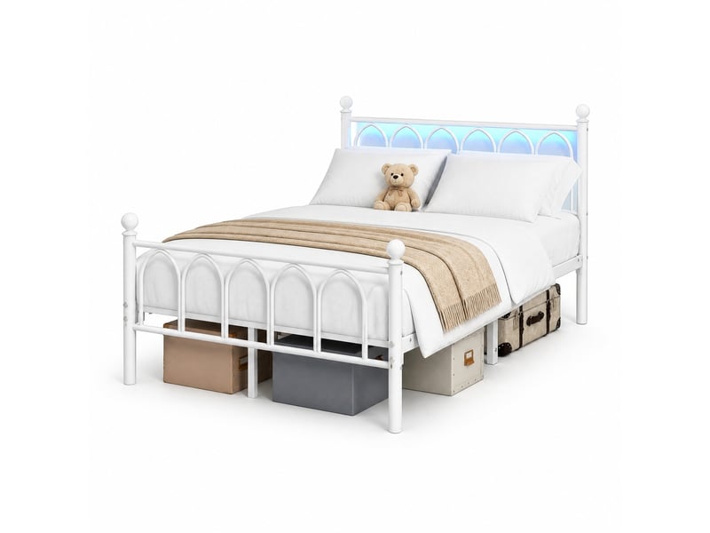  Lit simple 120×200 cm avec tête haute, led, espace de rangement, usb et prise - okmyhome- métal blanc, sans matelas  - Conforama A