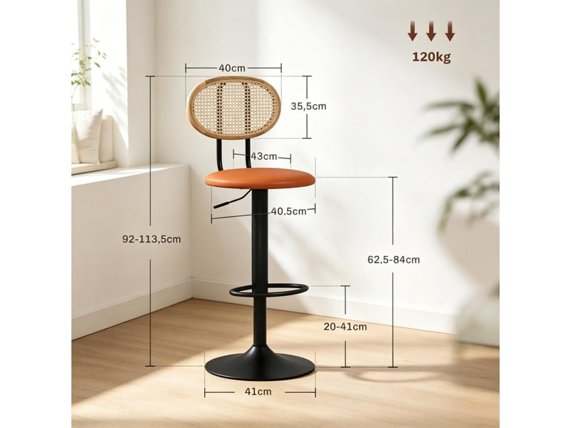  Tabourets de bar lot de 2 réglables avec dossier, rotation 360° et repose-pieds, en rotin synthétique noir et marron  - Conforama D