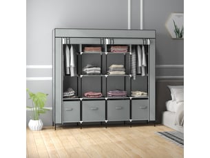 Armoire en tissu, portes, 2 tringles, 10 compartiments, grise