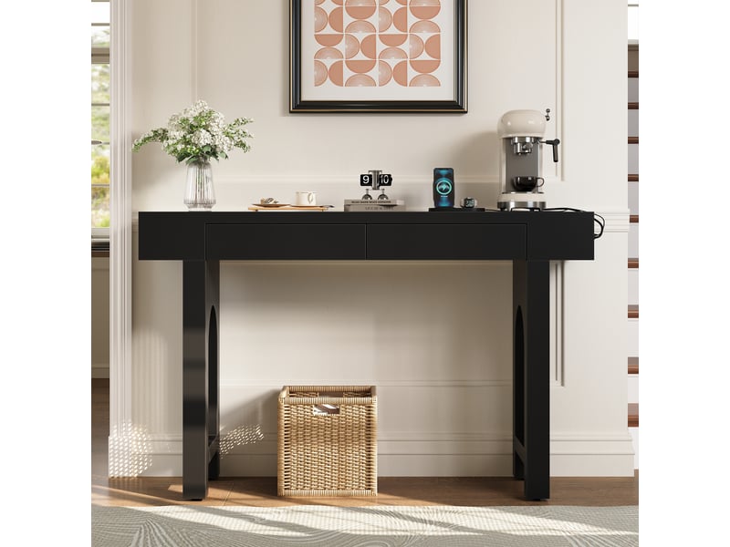  Table console avec tiroirs - noir - multiprise intégrée - tiroirs indépendants - pieds réglables 120x35.5x76.5cm - Conforama B
