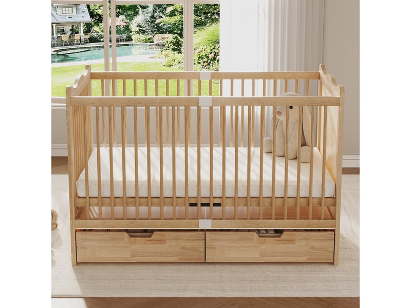  Lit bébé à barreaux 70x140 cm en bois de pin massif avec tiroirs de rangement, couleur naturelle  - Conforama R