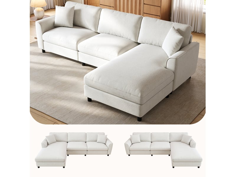Canapé d’angle 3 places avec méridienne réversible en tissu chenille beige, 256x137x79 cm - Conforama D