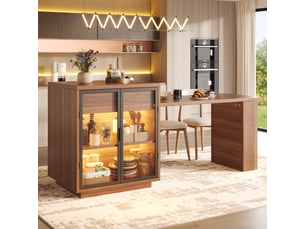 Îlot de cuisine 122x70x94 cm - éclairage led - usb et usb-c - grand rangement - étagères réglables - portes vitrées - avec tiroirs - marron