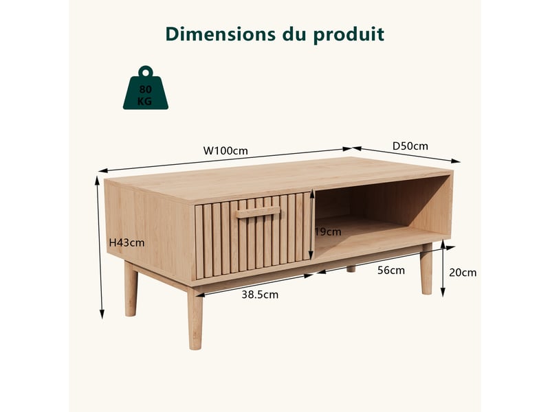  Table basse bois ,table basse de salon avec tiroir , table d'appoint en en bois massif, meuble de salon ,100x50x43 cm  - Conforama C