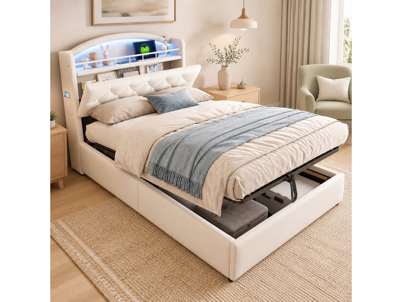 Lit coffre enfant 200×90 cm avec rangement, led à couleurs changeantes et ports usb, en velours beige - Conforama B