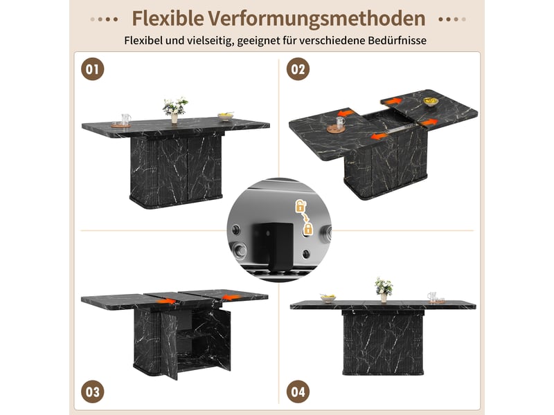Table à manger extensible 140 à 180 cm avec rangement caché, plateau coulissant et façades rainurées, effet marbre noir - Conforama D