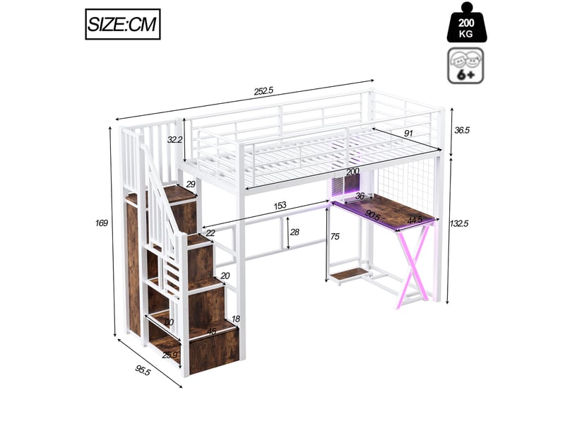  Lit mezzanine 90x200 cm avec bureau, armoire, rangements et led blanc  - Conforama C