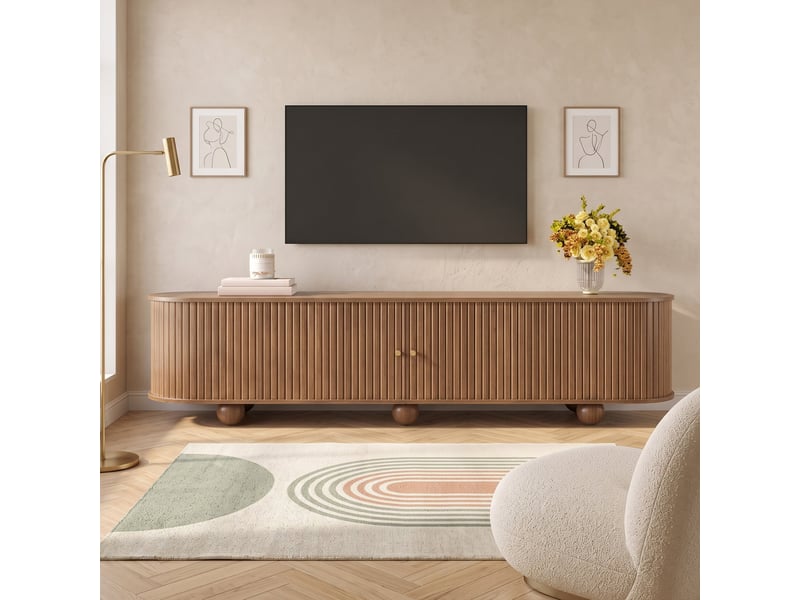 Meuble tv ovale effet bois clair 4 portes au design ondulé 3d  - Conforama B