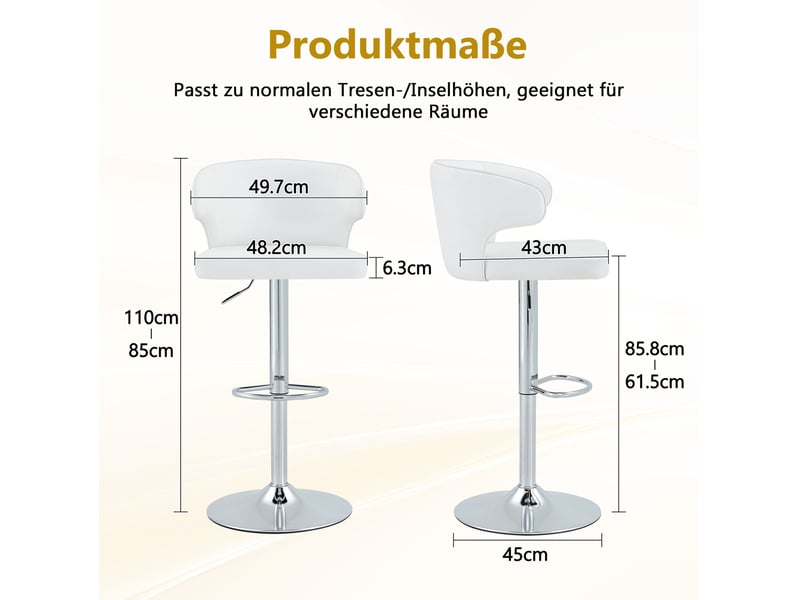  Lot de 2 tabourets de bar 49,7x45x110 cm réglables en hauteur et pivotants 360°, chaise bar, polyuréthane (pu), blanc  - Conforama C