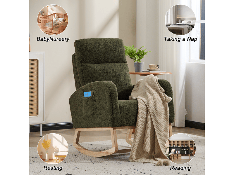  Fauteuil à bascule - fauteuil berçant moderne à dossier haut en polaire douce, idéal pour l'allaitement, vert  - Conforama W