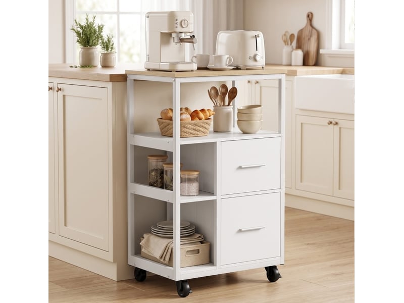 Desserte de cuisine blanche à roulettes, 2 tiroirs et rangement ouvert, compacte pour petits espaces au quotidien - Conforama B