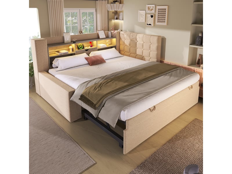 Lit gigogne 90x200 capitonné en lin beige avec led et ports usb - rangement intégré et sommier inclus - Conforama B