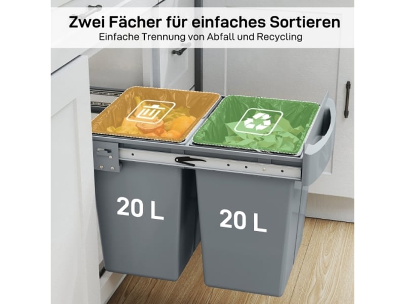  Poubelle coulissante 2x20 l, bacs amovibles, plastique et métal, grise  - Conforama E