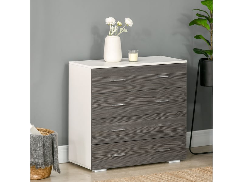  Commode à 4 tiroirs avec poignées en aluminium et structure en bois, pour salon et salle à manger, 76 x 35 x 72 cm, blanc et gris  - Conforama D