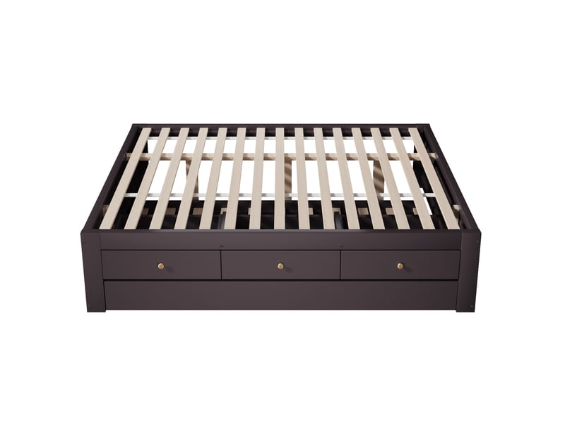 Lit double 140x200 cm avec 3 tiroirs et lit d'appoint coulissant brun café, sans de tête de lit ni de matelas - Conforama E