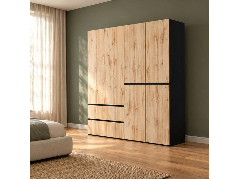 Armoire 6 portes avec 2 penderies et 5 tiroirs - lpospi - rangement chambre mdf chêne 180 × 50 × 200 cm - Conforama C