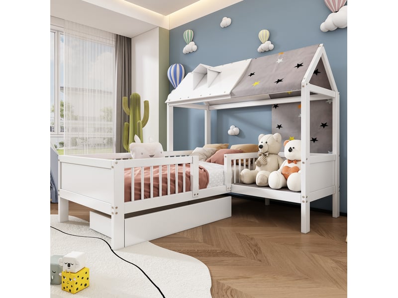  Lit enfant maison 90x200 rangement tiroirs bois massif blanc sans matelas stable homvra  - Conforama C