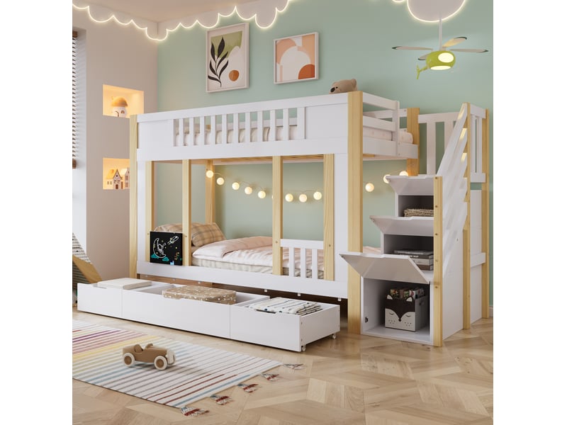  Lit superposé enfant 90x200 cm avec escalier de rangement et 3 tiroirs, blanc et naturel  - Conforama C