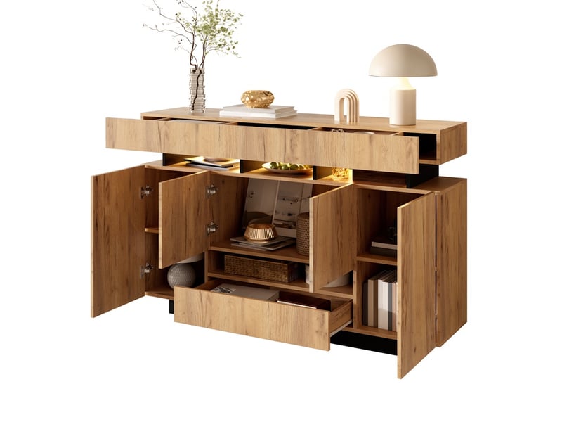  Buffet 140 x 35 x 90 cm - meuble bas en bois avec 3 tiroirs, 4 portes et éclairage led rgb - aspect naturel et noir  - Conforama A