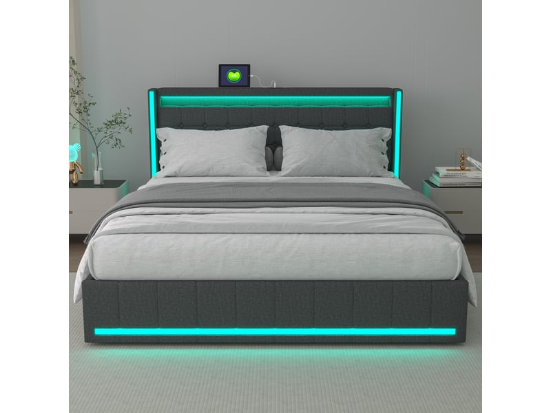  Lit 140 x 190 cm, lit led double 140 x 190 cm avec ports usb et type c, 4 tiroirs,lit 2 personnes pour adultes,lin,gris  - Conforama D