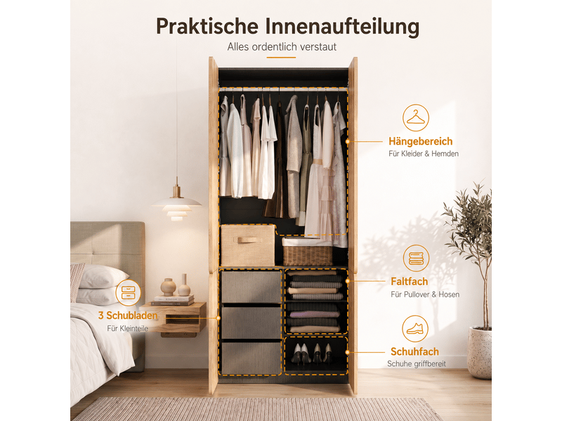  Armoire penderie 90 x 50 x 200 cm - 4 portes - 1 barre de penderie - 3 tiroirs - mdf et panneaux de particules - effet chêne  - Conforama E