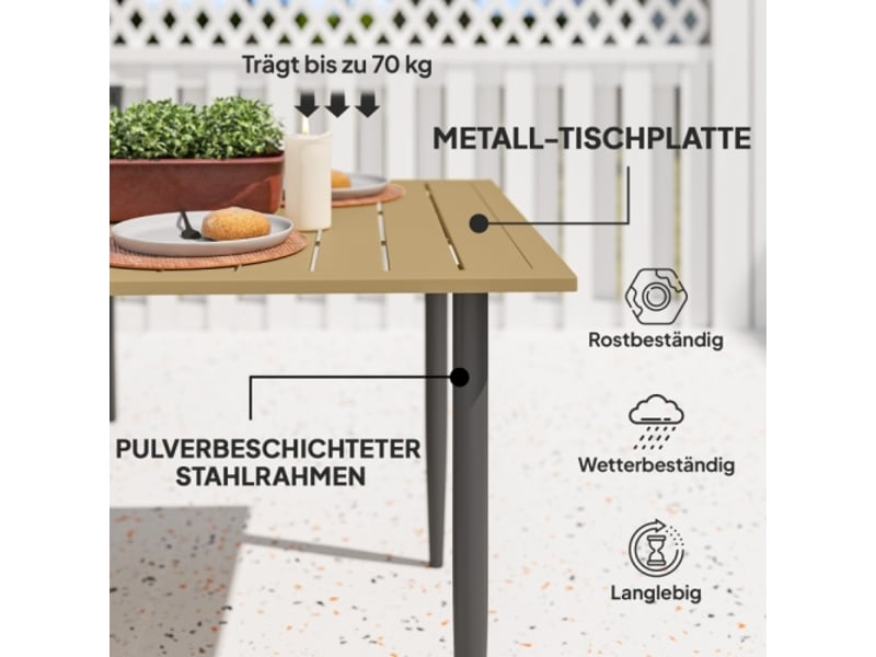  Table de jardin 150x90 cm en acier, résistante aux intempéries, trou pour parasol, marron, balcon  - Conforama D
