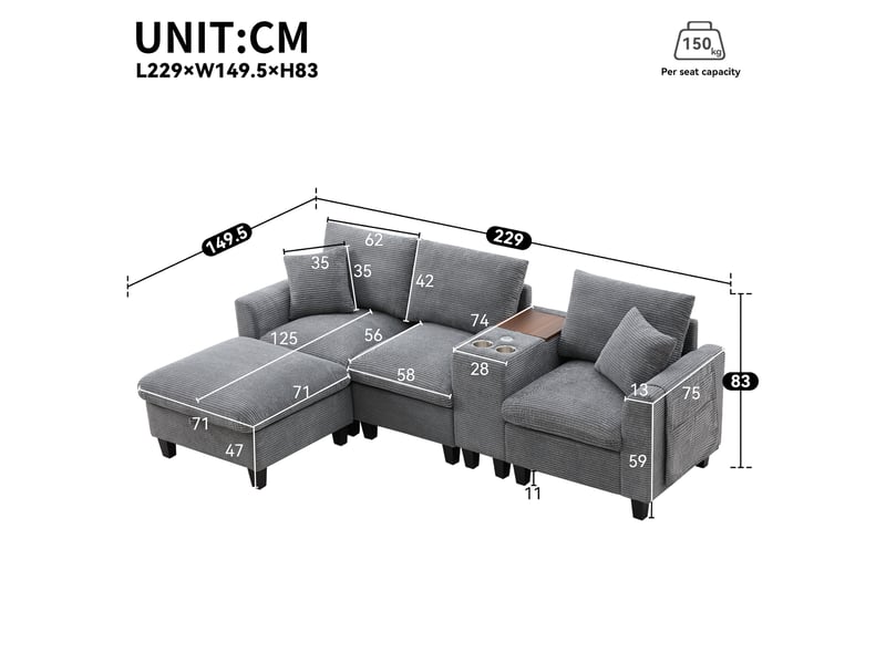  Canapé d'angle l 4 places modulable avec pouf coffre, console centrale, 2 porte-gobelets, ports usb, rangement accoudoir, tissu velours côtelé - gray  - Conforama D