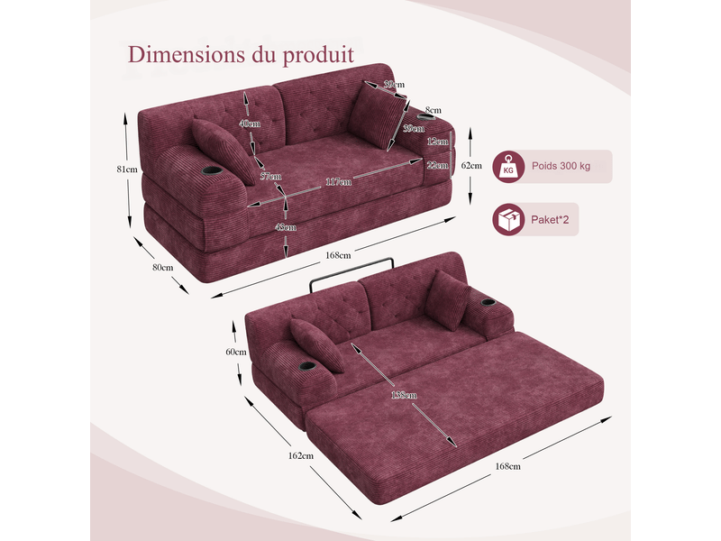  Canapé droit convertible 2 places en velours côtelé rouge, dossier haut, porte-gobelets, poches, 168x80x81 cm 168x80x81cm - Conforama C