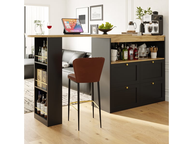 Meuble bar rotatif 360° 105x39x102 cm, avec 4 tiroirs et étagères ouvertes, meuble de rangement multifonction en mdf - Conforama D