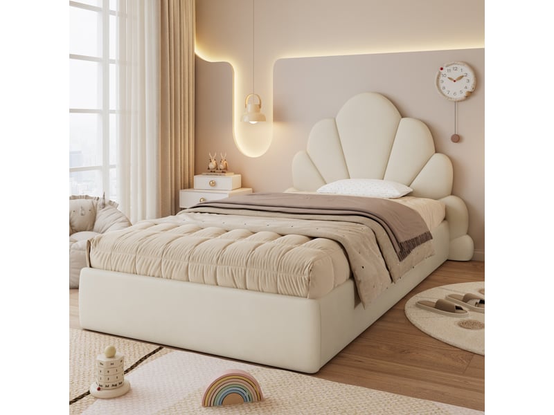  Lit simple rembourré 90 x 200 cm, dossier en pétales, sommier à lattes, structure rembourrée, tête de lit rembourrée, pour la chambre, velours, beige ABC - Conforama E