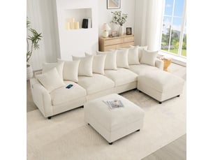 Canapé d'angle modulable u 283x153,5x78,5 cm 6 places avec 2 repose-pieds amovibles, usbtype-c, coussins réglables, chenille gaufrée - beige
