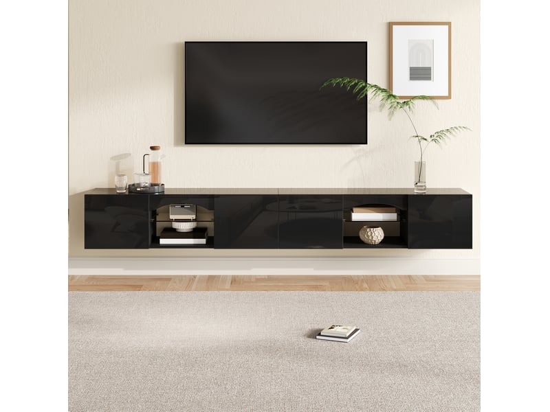 Meuble tv 4 portes avec led et application 200x30x28 cm noir - Conforama W