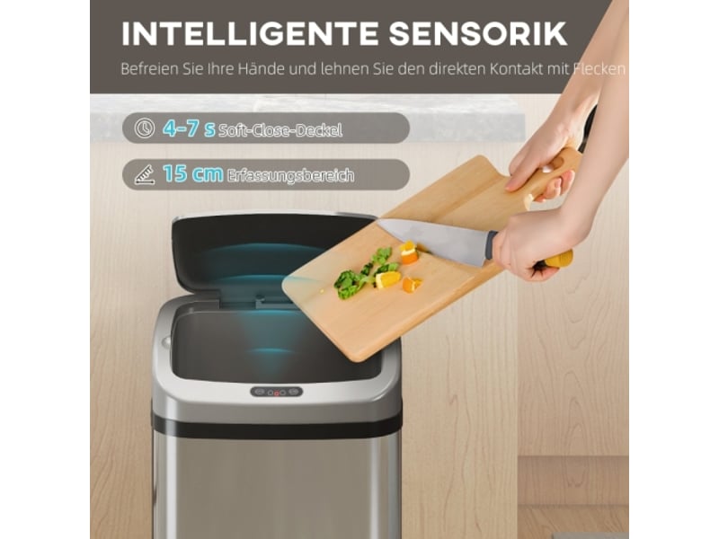  Poubelle à capteur 48 l en inox, ouverture automatique, fermeture douce, argentée, cuisine et bureau  - Conforama D