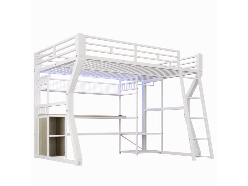  Lit mezzanine blanc 140 × 200 cm en métal, bureau, prise, penderie et rangements  - Conforama A